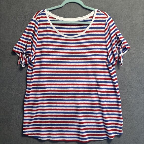 Talbots Linen Blend Top Plus Size 1X Red White Blue Striped Tee 4th of July - Picture 1 of 7